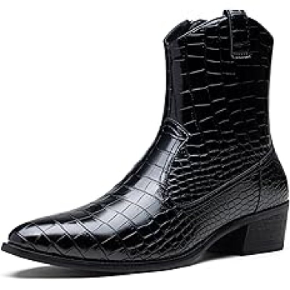NEW! Men Crocodile Embossed Western Boot  Side Zipper Stylish Retro Short-Black